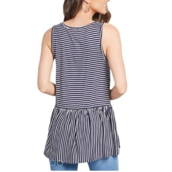 Modcloth Stripe Ruffle Tank Top In Every Direction Knit Navy Blue Cream White S - Picture 3 of 12